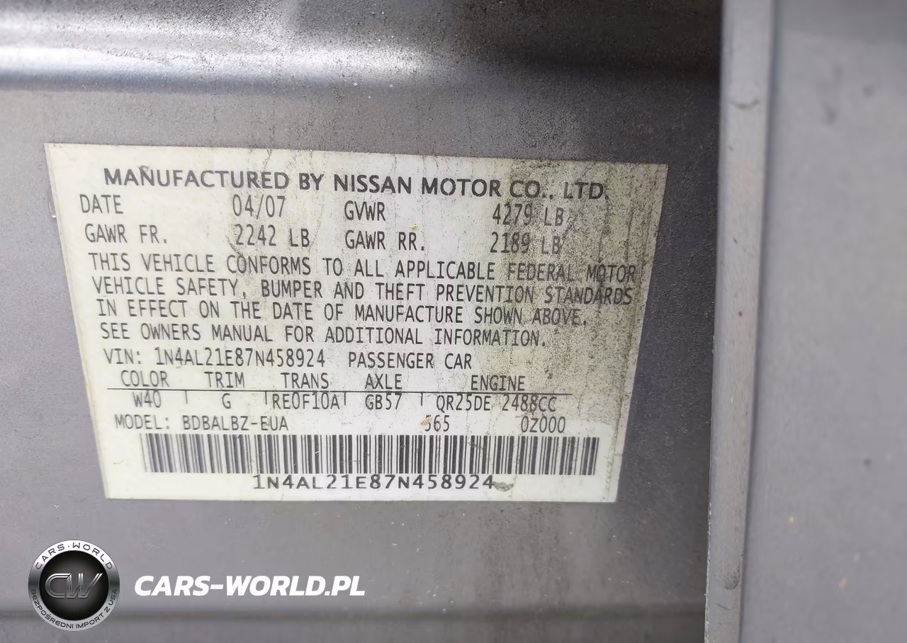 2007 Nissan Altima 2.5 S VIN:1N4AL21E87N458924 - 9