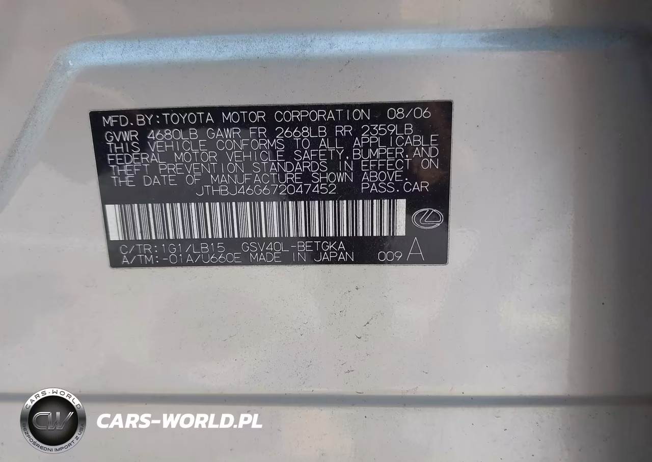 2007 Lexus Es 350 VIN:JTHBJ46G672047452 - 9
