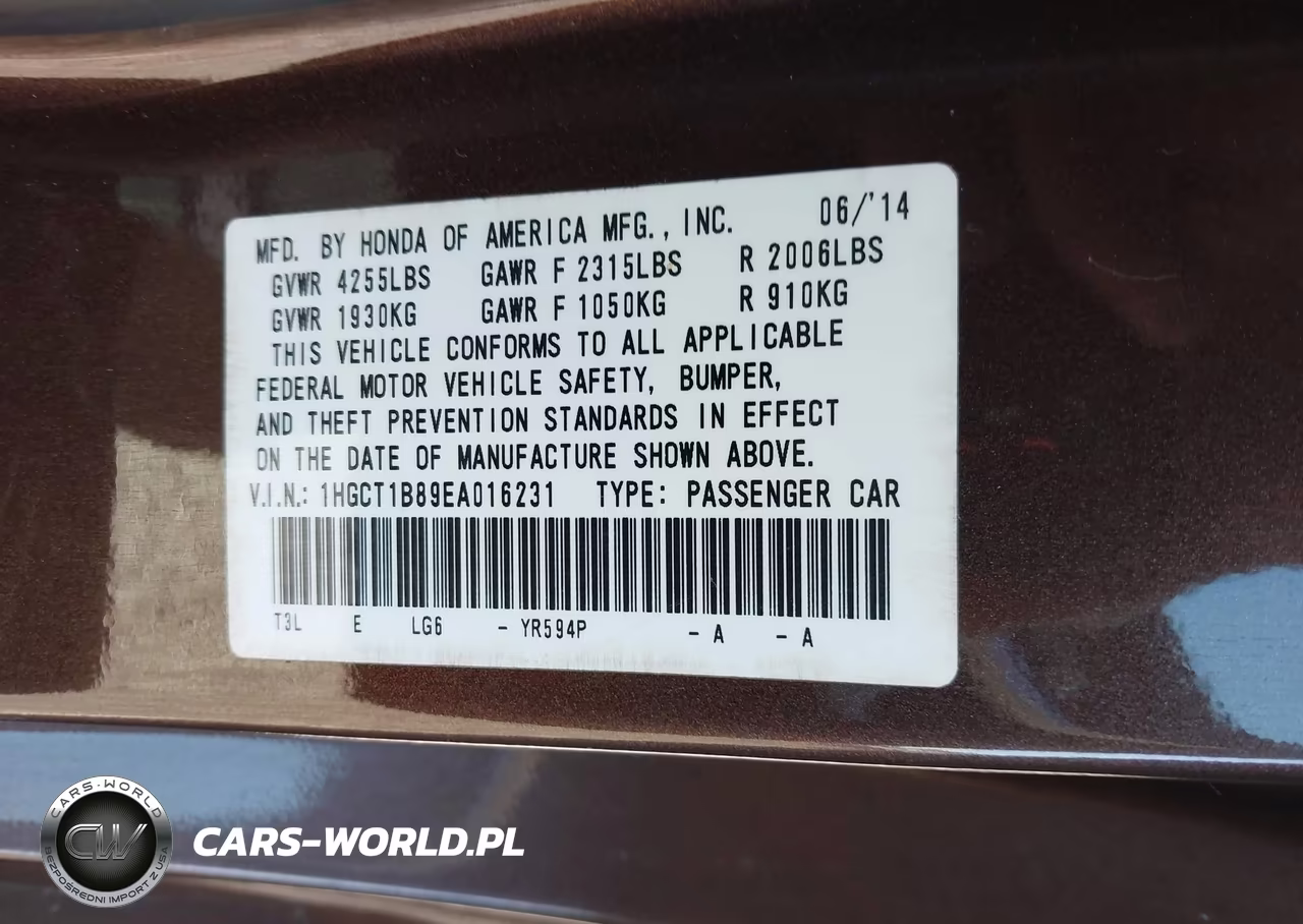 2014 Honda Accord Ex-L VIN:1HGCT1B89EA016231 - 9