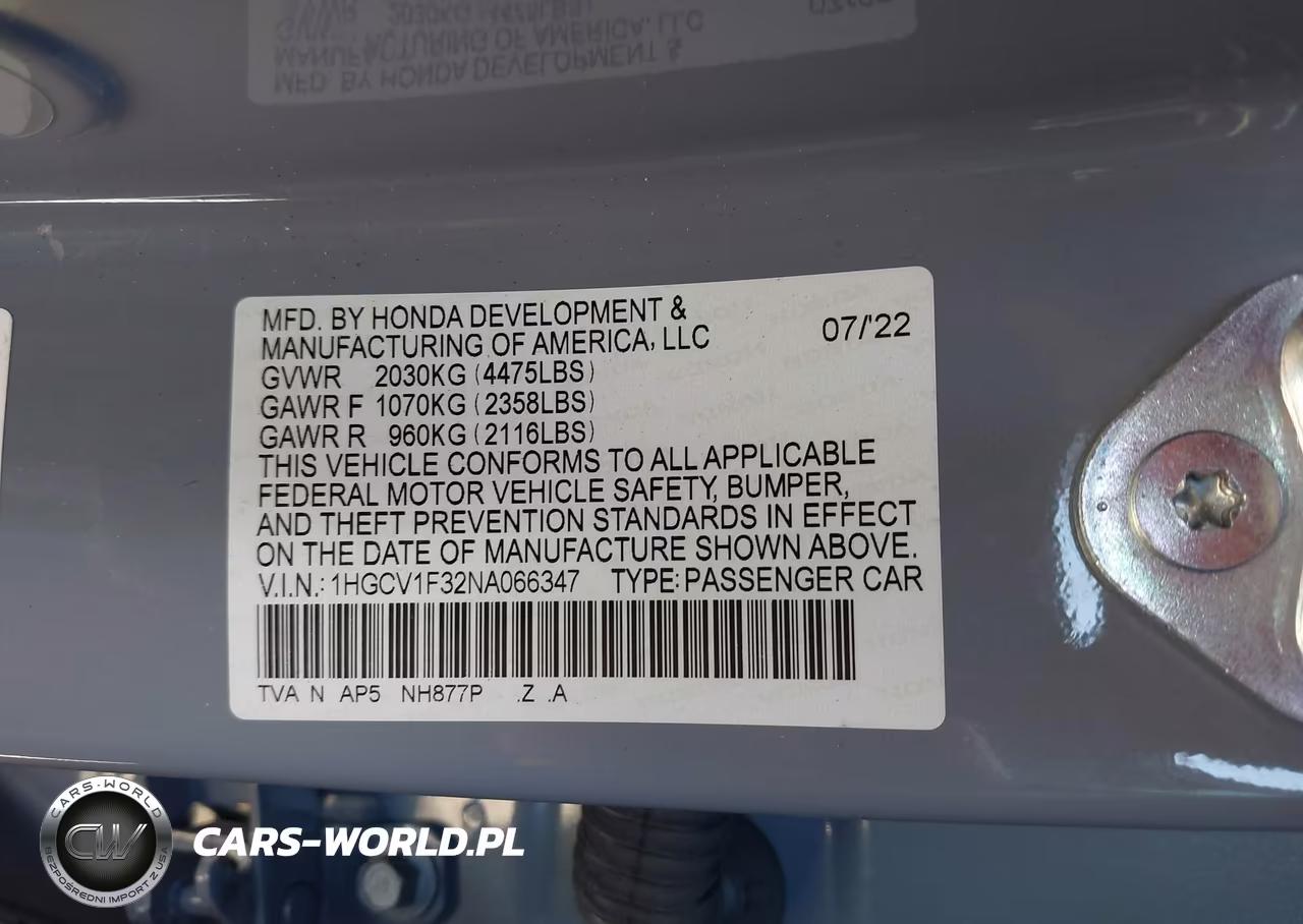 2022 Honda Accord Sport VIN:1HGCV1F32NA066347 - 9