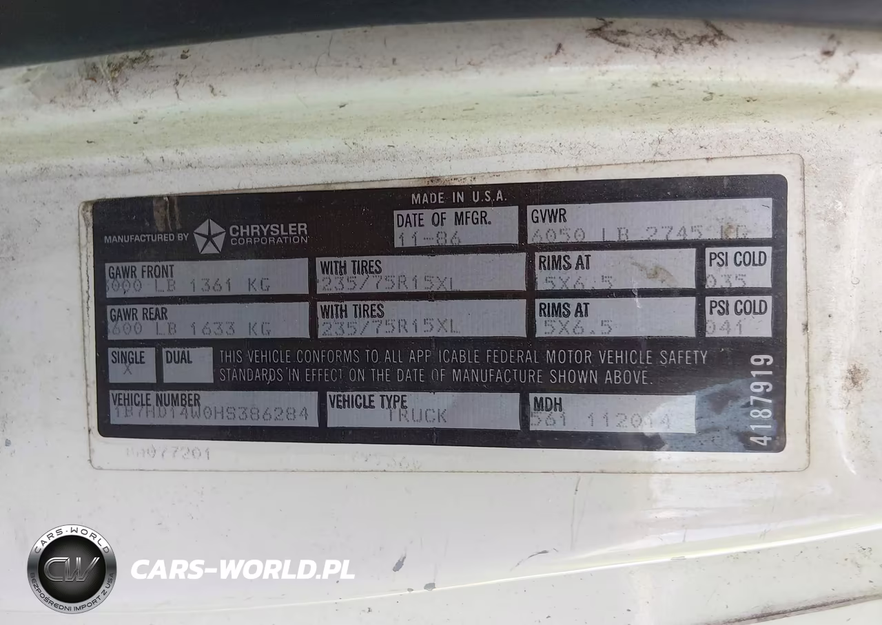 1987 Dodge D-Series D150 VIN:1B7HD14W0HS386284 - 9