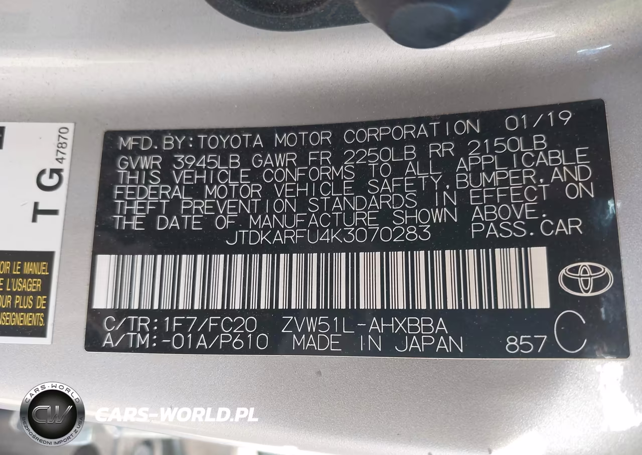 2019 Toyota Prius L Eco VIN:JTDKARFU4K3070283 - 9