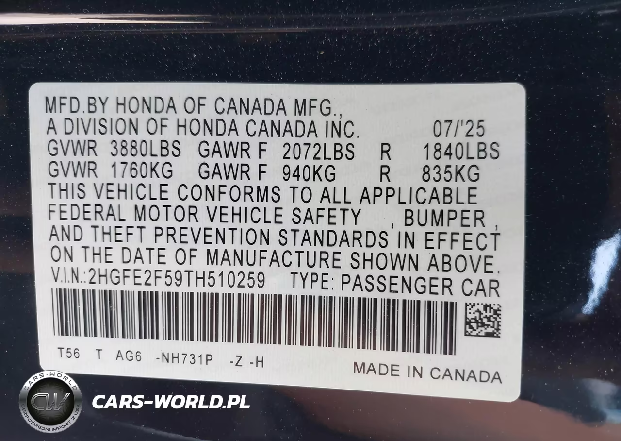 2026 Honda Civic Sport VIN:2HGFE2F59TH510259 - 9