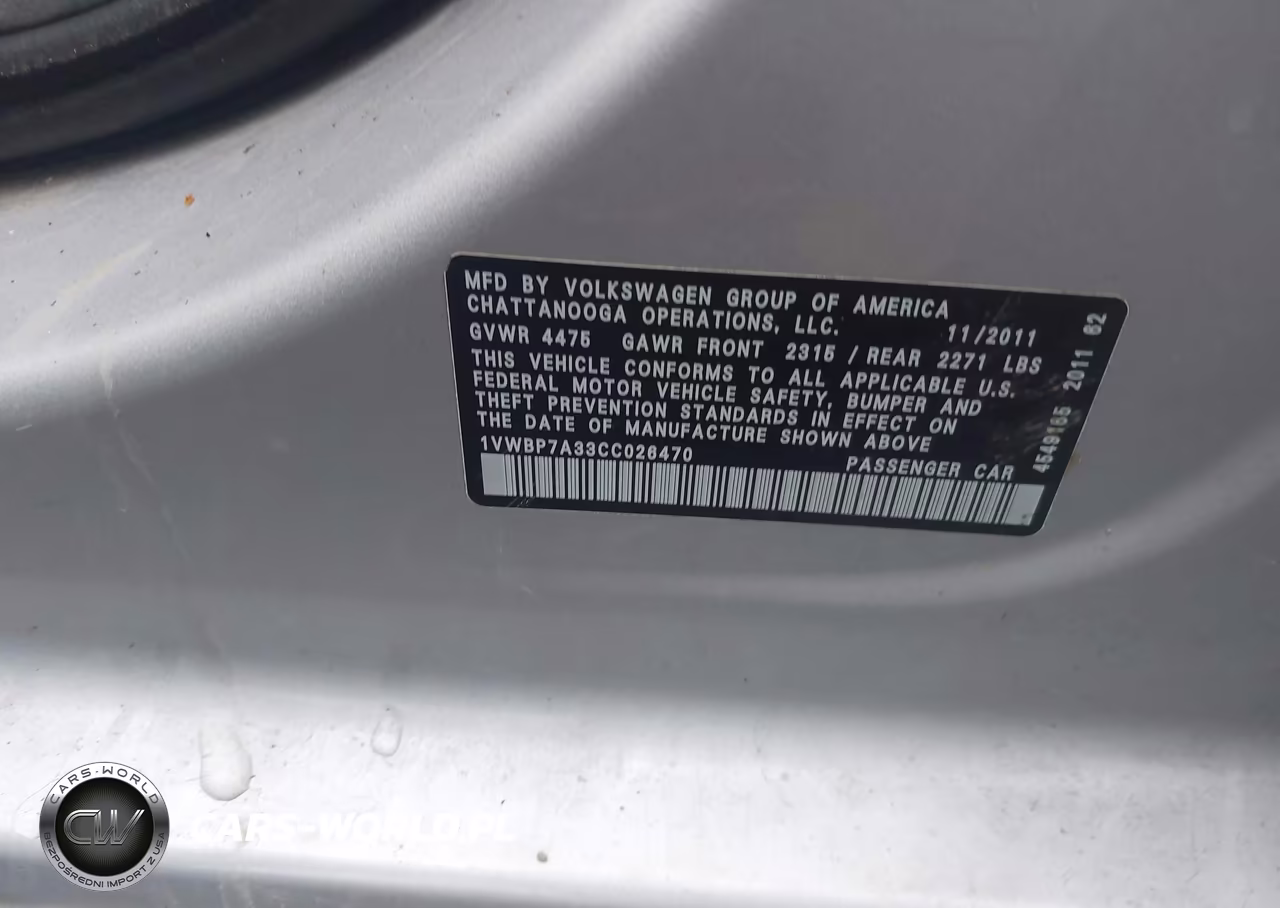 2012 Volkswagen Passat 2.5L Se VIN:1VWBP7A33CC026470 - 9
