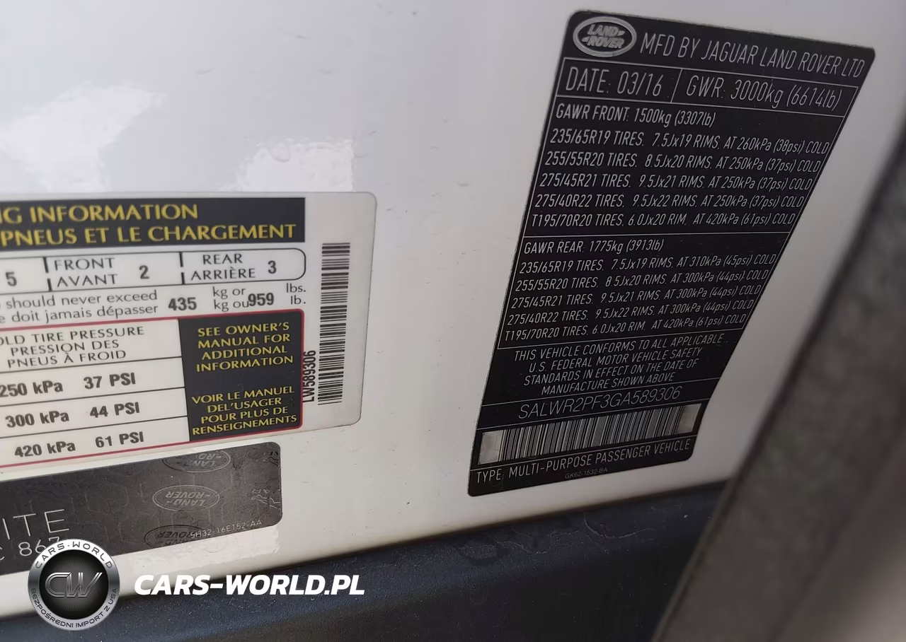LAND ROVER RANGE ROVE VIN:SALWR2PF3GA589306 - 9