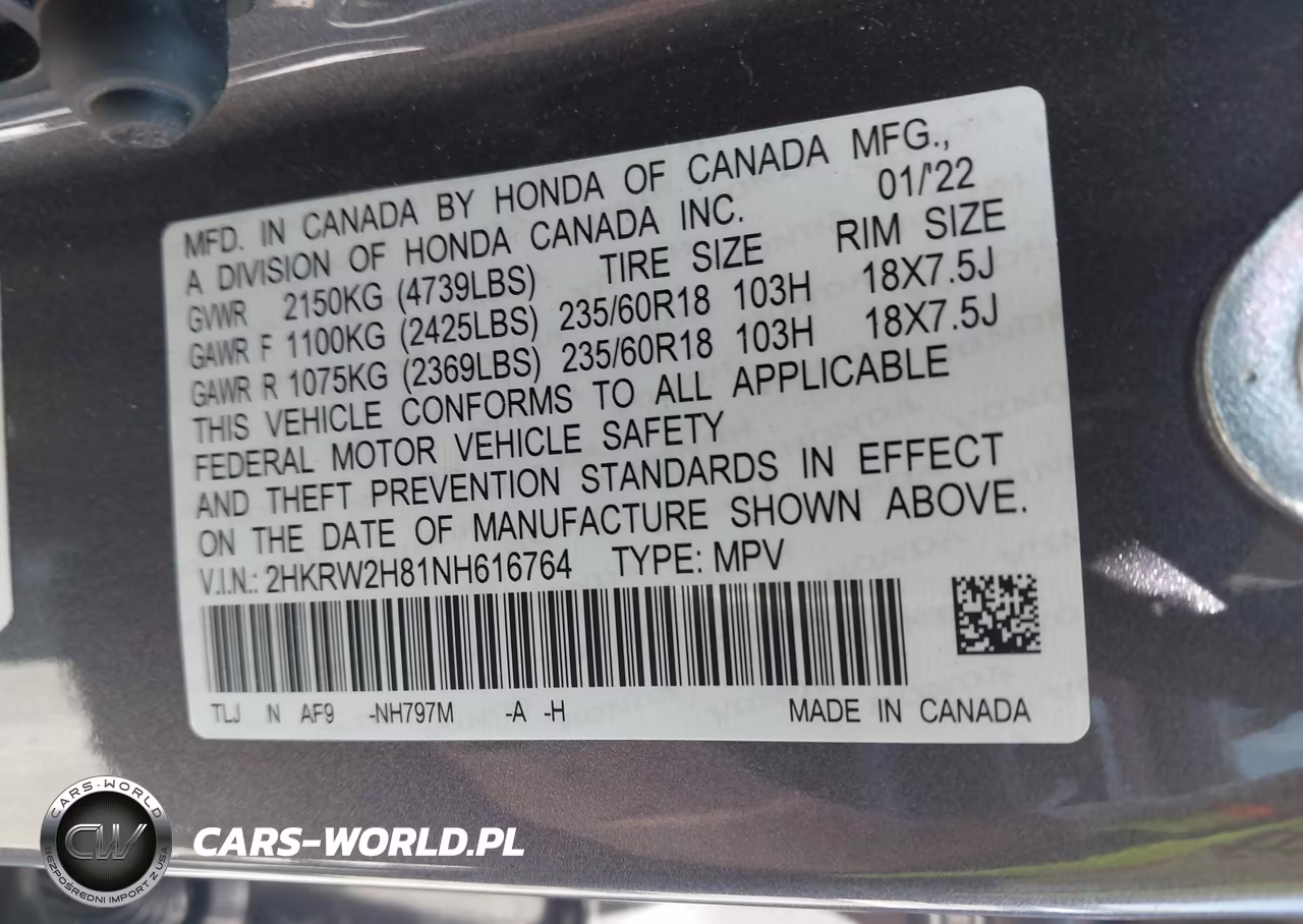 2022 Honda Cr-V Awd Ex-L VIN:2HKRW2H81NH616764 - 9