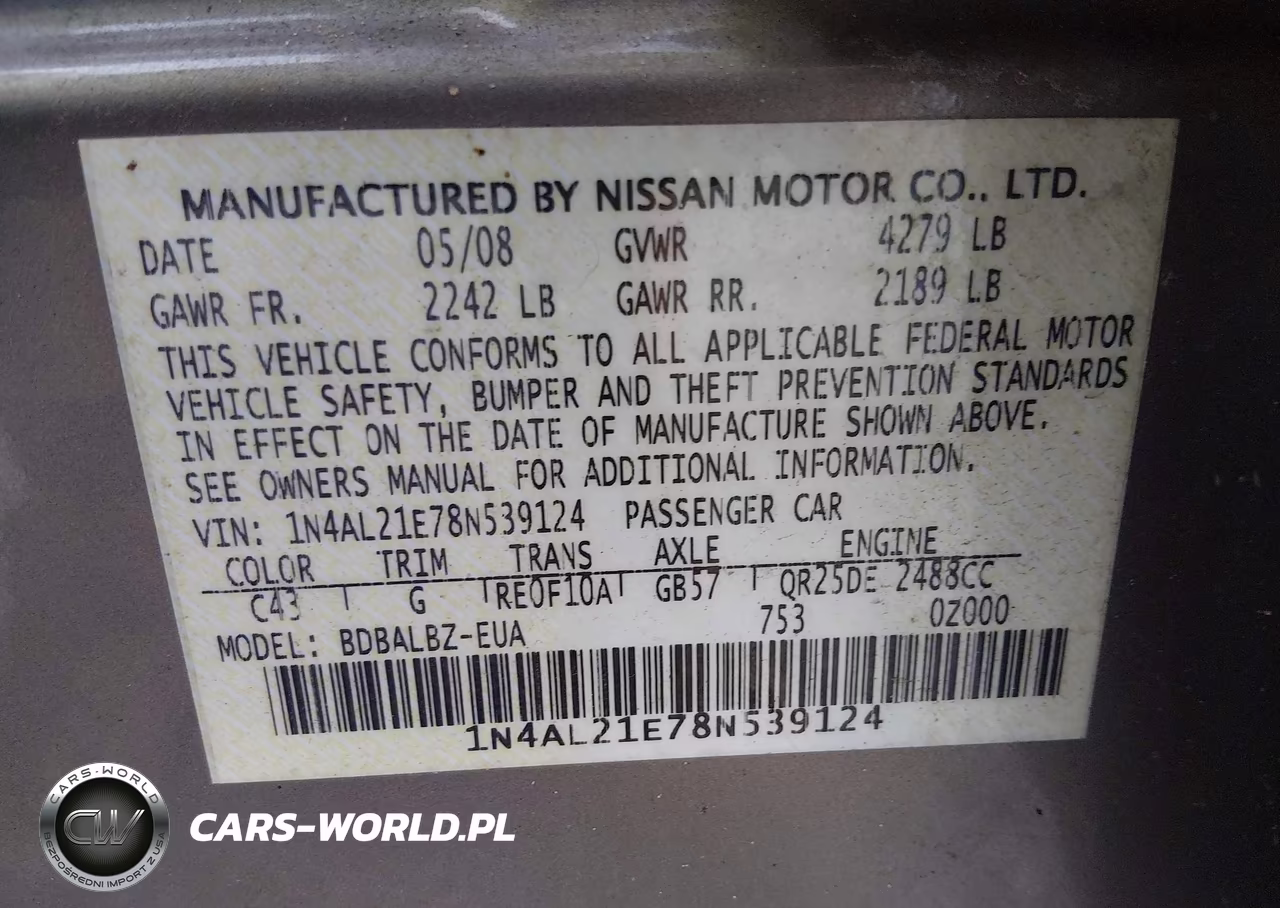 2008 Nissan Altima 2.5 Sl VIN:1N4AL21E78N539124 - 9
