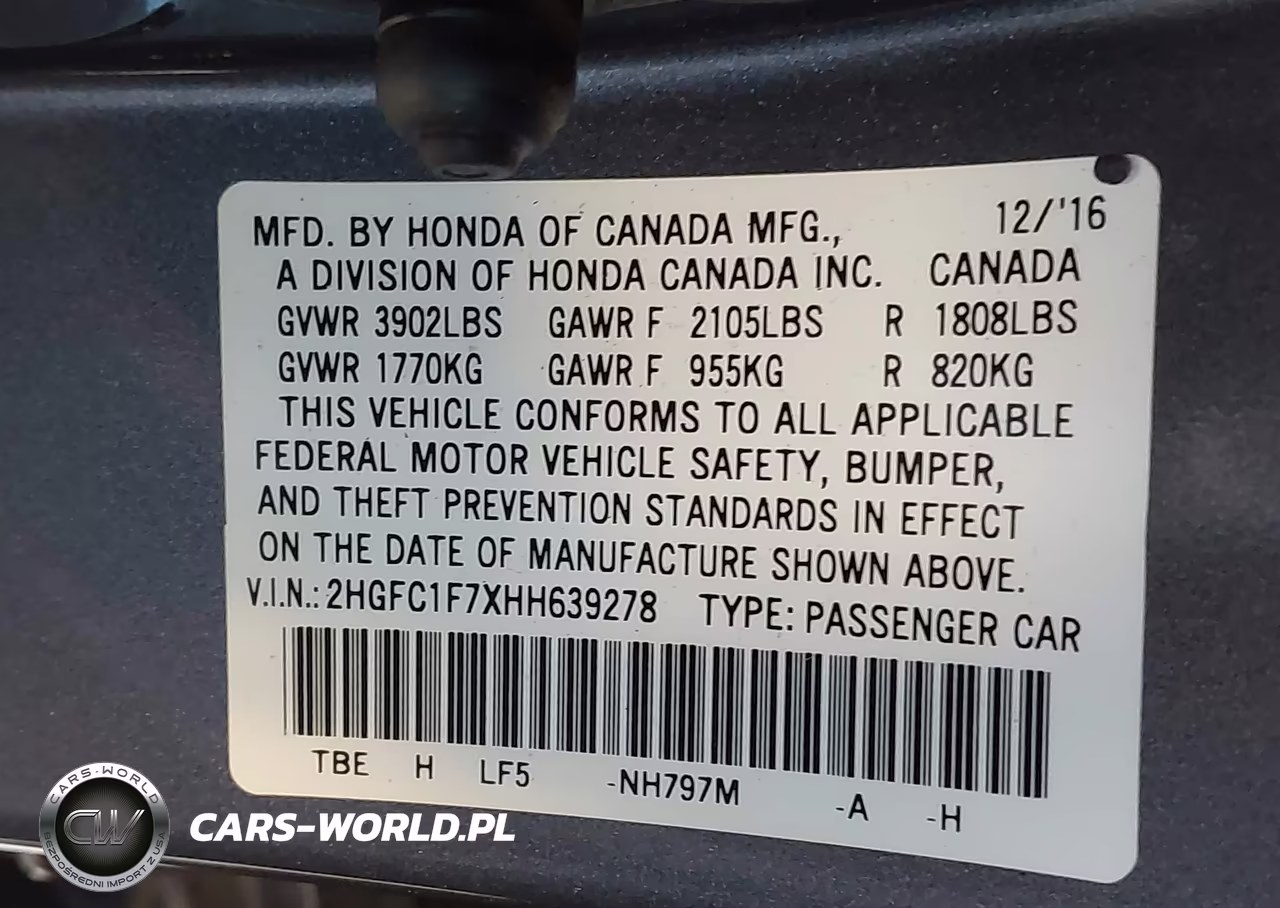 2017 Honda Civic Ex-L VIN:2HGFC1F7XHH639278 - 9