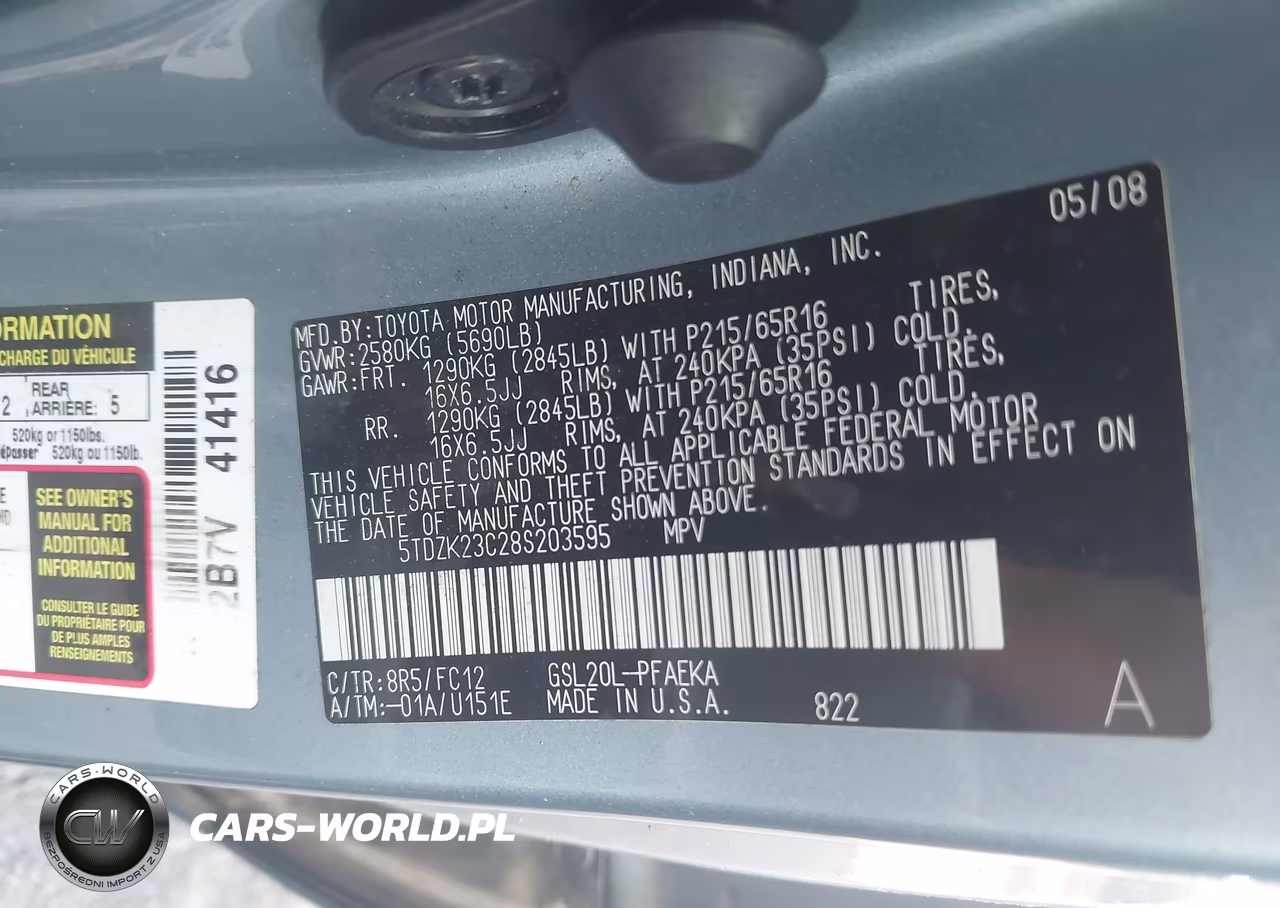 2008 Toyota Sienna Le VIN:5TDZK23C28S203595 - 9