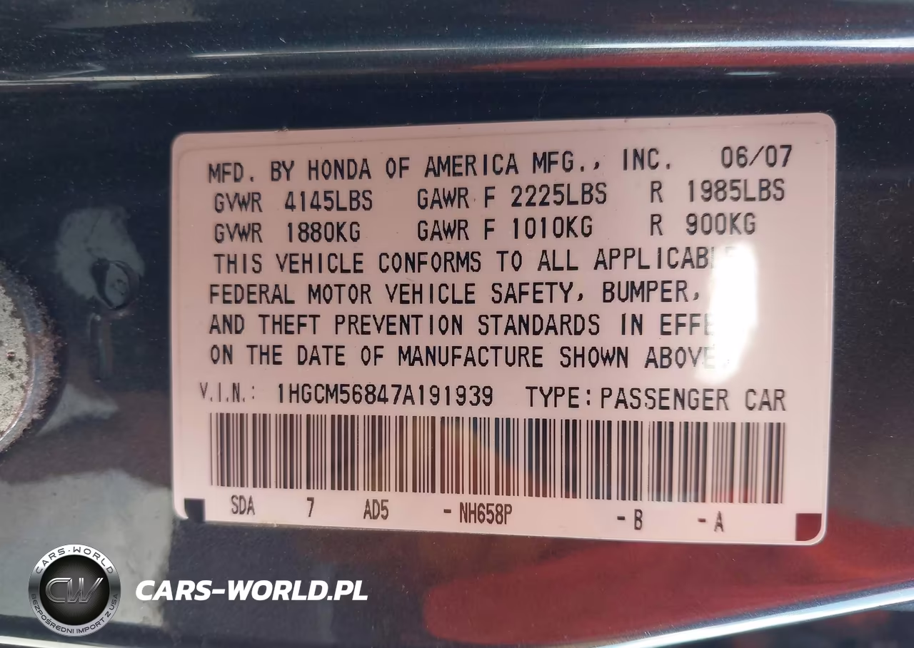 2007 Honda Accord 2.4 Ex VIN:1HGCM56847A191939 - 9