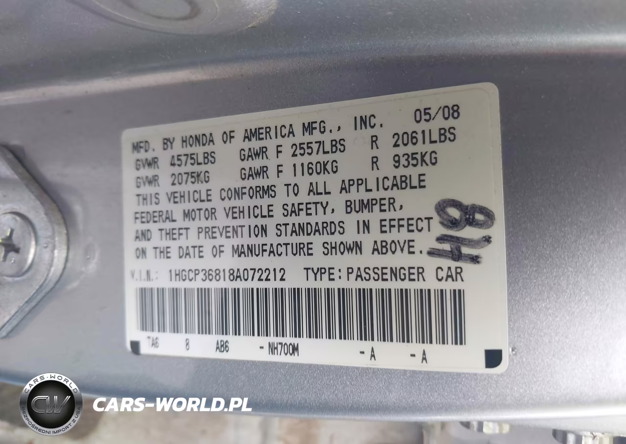 2008 Honda Accord 3.5 Ex-L VIN:1HGCP36818A072212 - 9