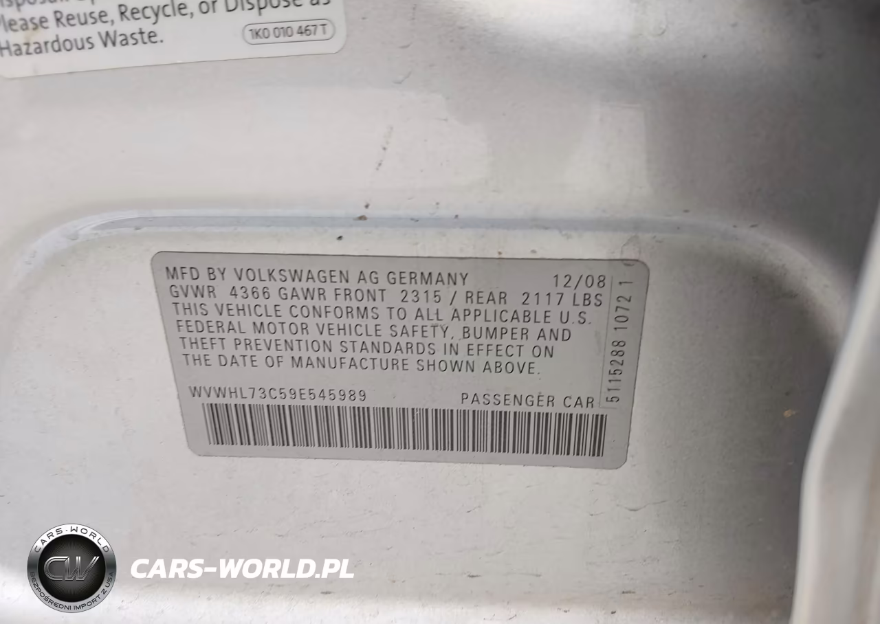 2009 Volkswagen Cc Luxury VIN:WVWHL73C59E545989 - 9