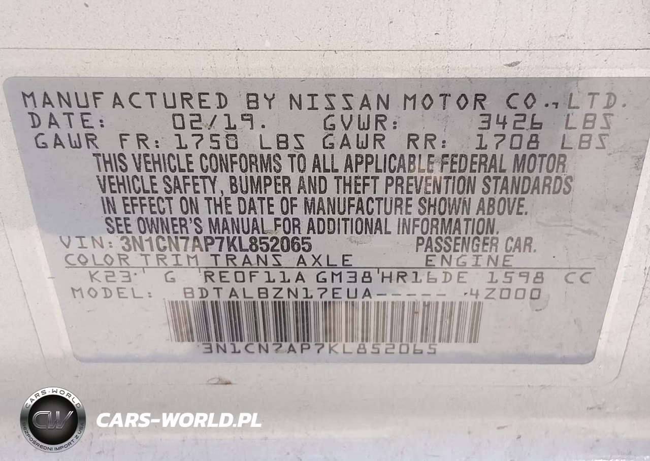 2019 Nissan Versa 1.6 Sv VIN:3N1CN7AP7KL852065 - 9