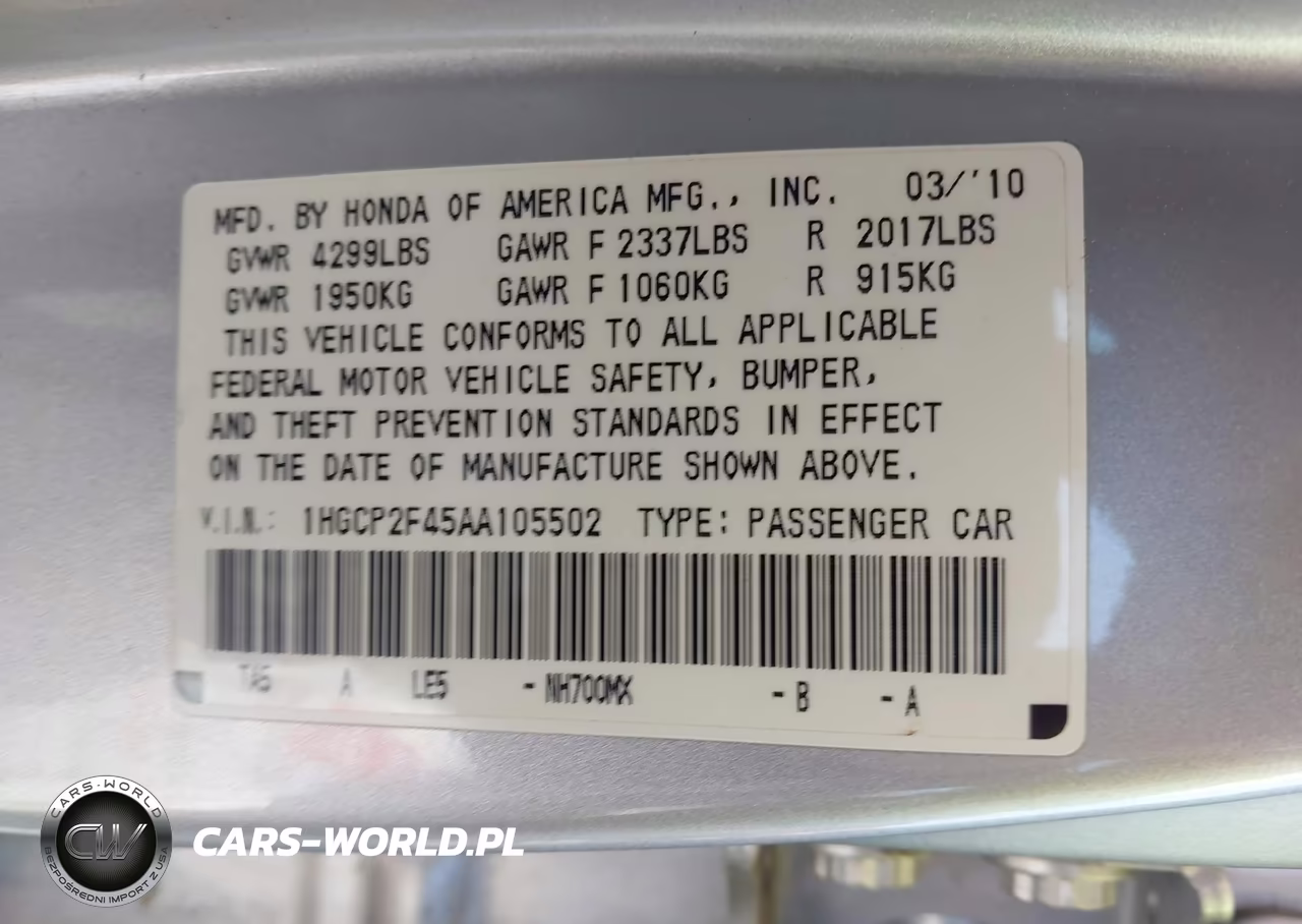 2010 Honda Accord 2.4 Lx-P VIN:1HGCP2F45AA105502 - 9