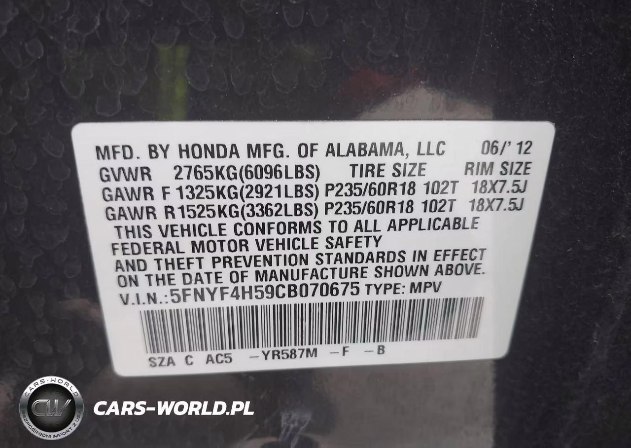 2012 Honda Pilot Ex-L VIN:5FNYF4H59CB070675 - 9