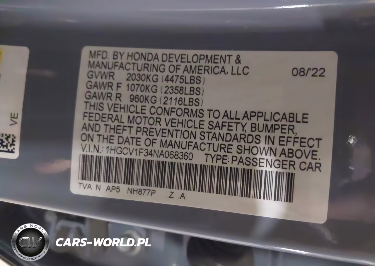 2022 Honda Accord Sport VIN:1HGCV1F34NA068360 - 9
