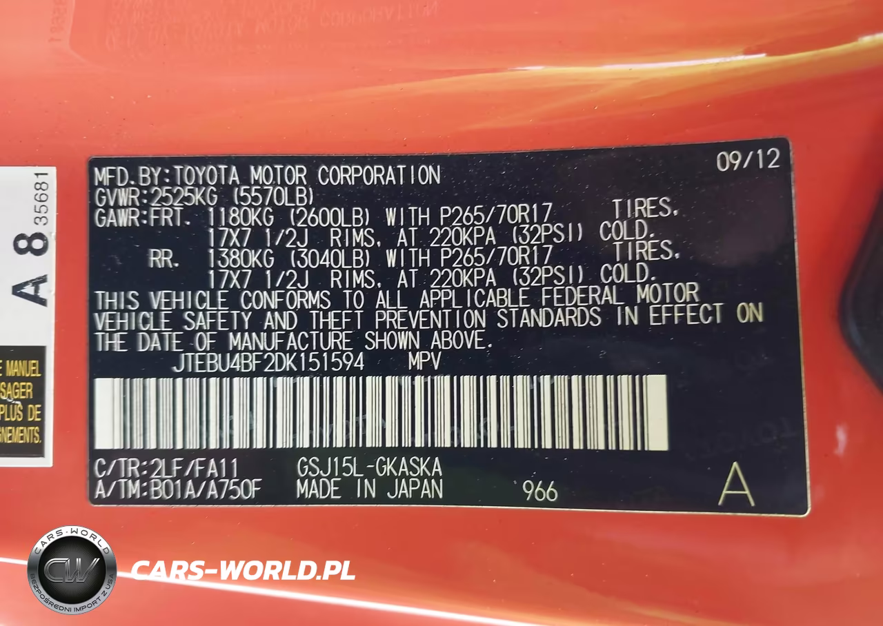 2013 Toyota Fj Cruiser VIN:JTEBU4BF2DK151594 - 9