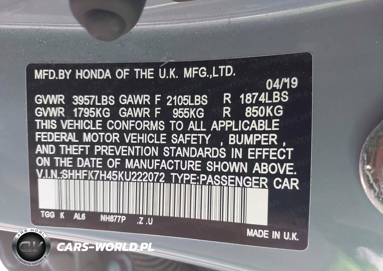 2019 Honda Civic Sport VIN:SHHFK7H45KU222072 - 9