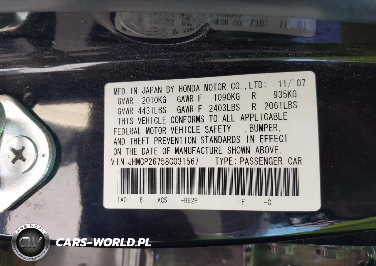 2008 Honda Accord 2.4 Ex VIN:JHMCP26758C031567 - 9