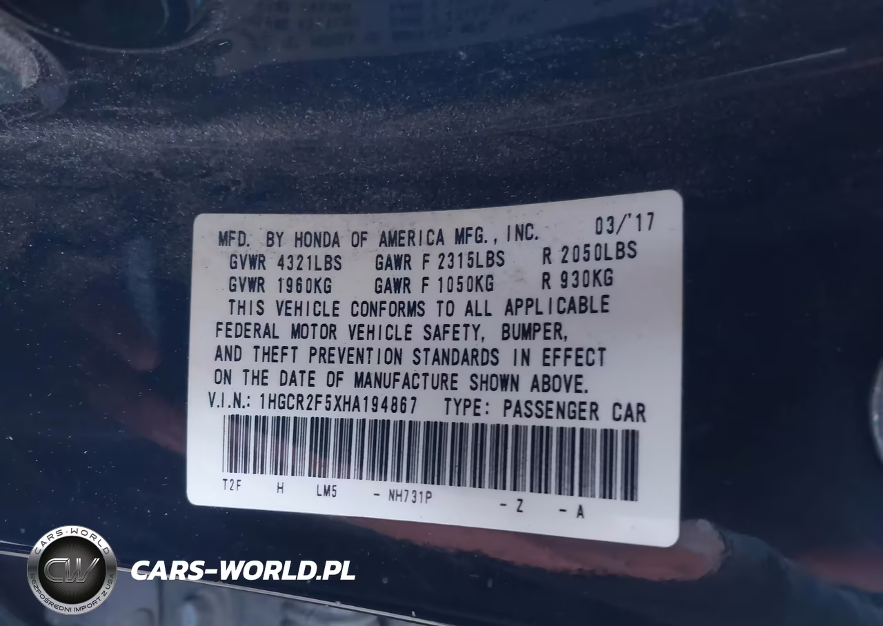 2017 Honda Accord Sport VIN:1HGCR2F5XHA194867 - 9