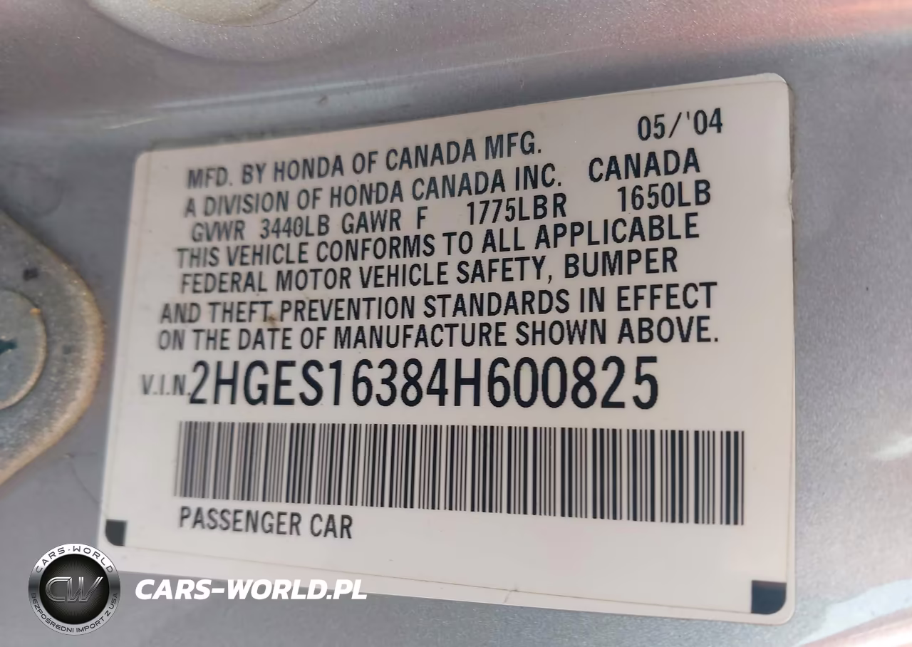 2004 Honda Civic Vp VIN:2HGES16384H600825 - 9