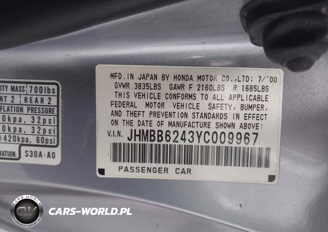 2000 Honda Prelude VIN:JHMBB6243YC009967 - 9