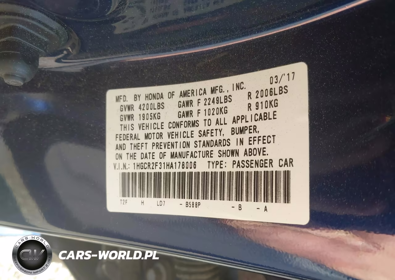 2017 Honda Accord Lx VIN:1HGCR2F31HA178006 - 9