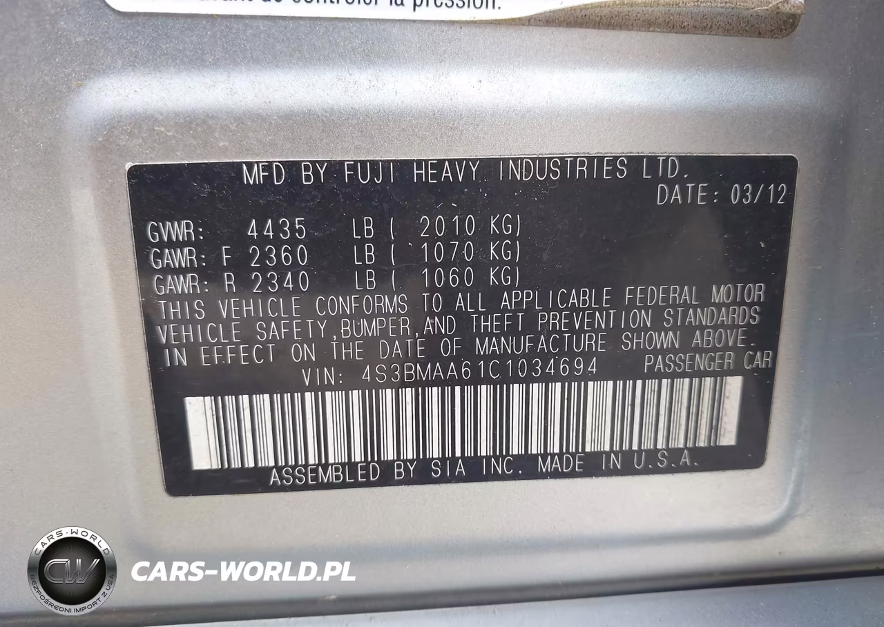 2012 Subaru Legacy 2.5I VIN:4S3BMAA61C1034694 - 9
