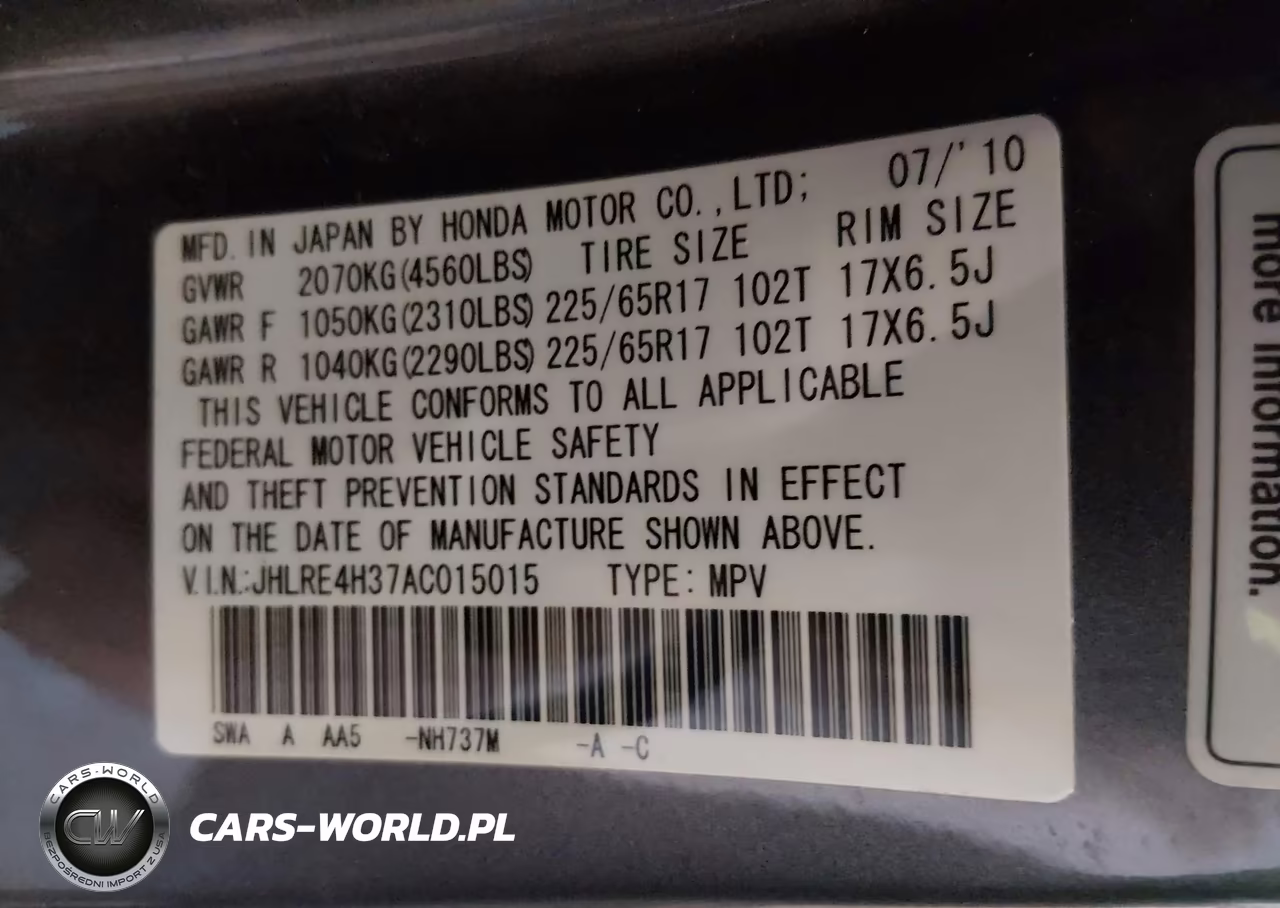2010 Honda Cr-V Lx VIN:JHLRE4H37AC015015 - 9