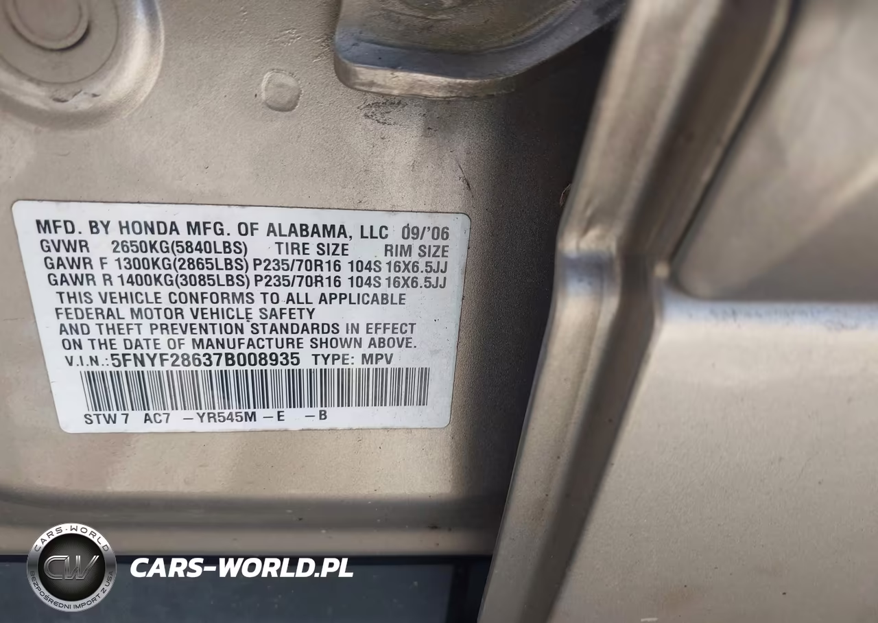 2007 Honda Pilot Ex-L VIN:5FNYF28637B008935 - 9