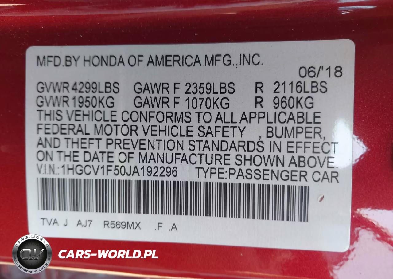 2018 Honda Accord Ex-L VIN:1HGCV1F50JA192296 - 9