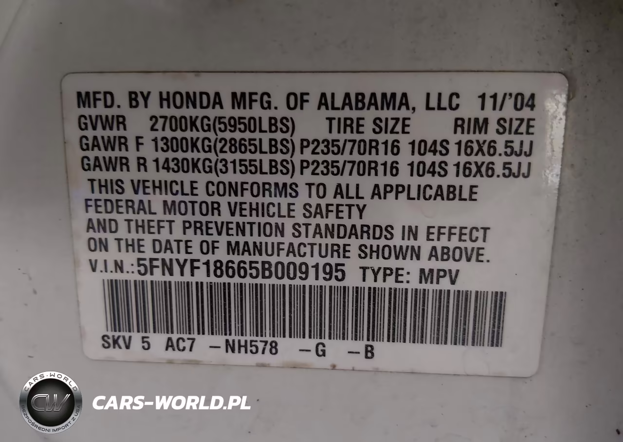 2005 Honda Pilot Ex-L VIN:5FNYF18665B009195 - 9