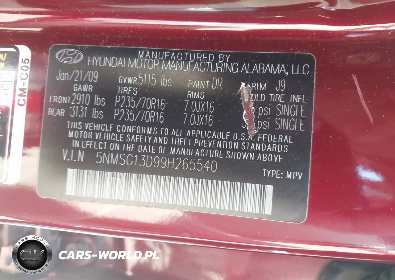 2009 Hyundai Santa Fe Gls VIN:5NMSG13D99H265540 - 9