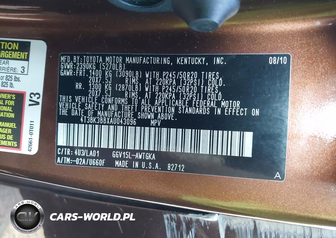 2010 Toyota Venza Base V6 VIN:4T3BK3BBXAU043096 - 9