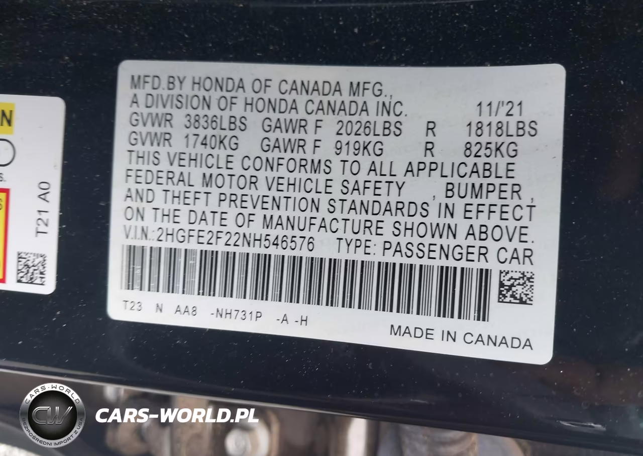 2022 Honda Civic Lx VIN:2HGFE2F22NH546576 - 9