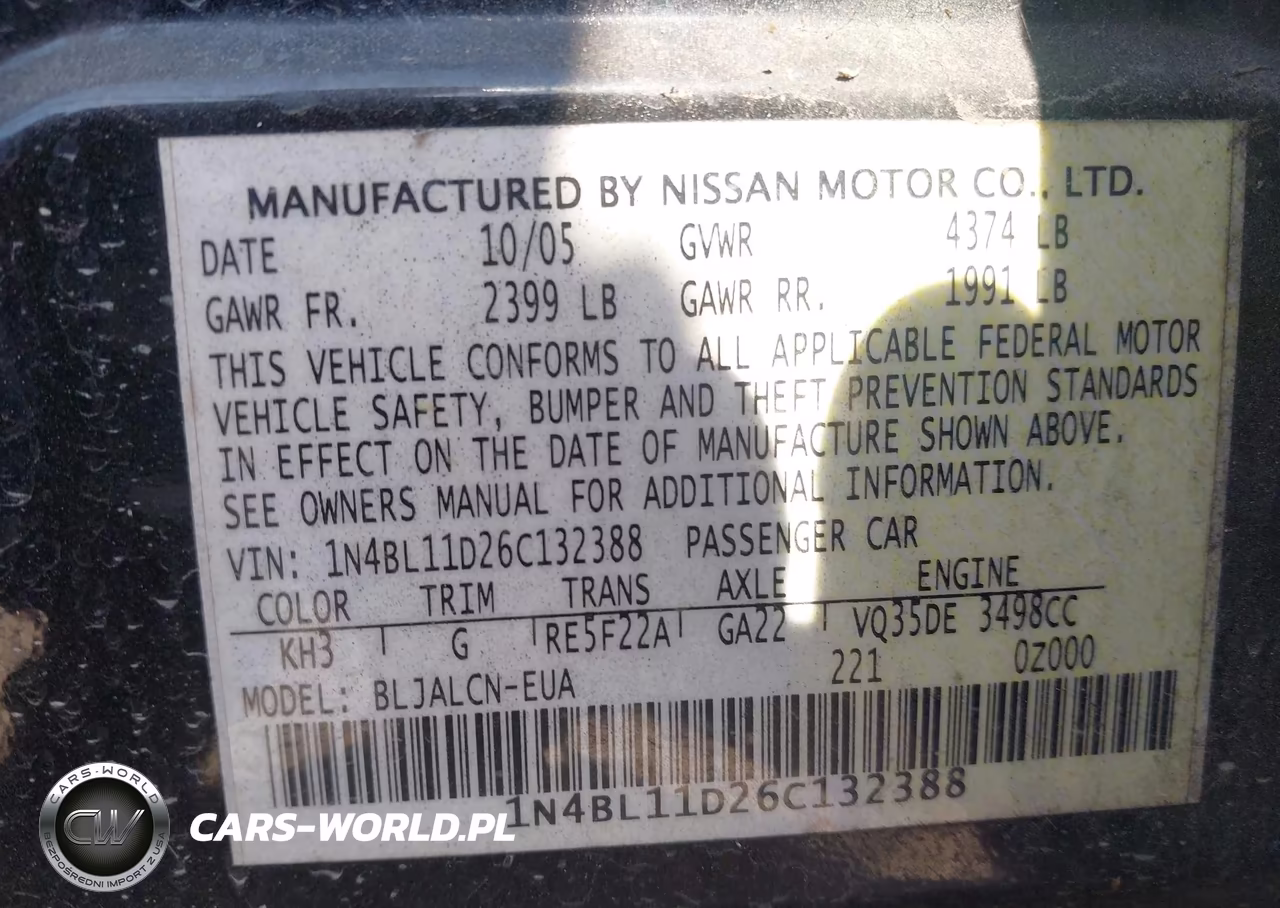2006 Nissan Altima 3.5 Se VIN:1N4BL11D26C132388 - 9