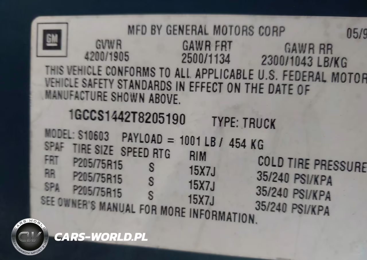 1996 Chevrolet S Truck S10 VIN:1GCCS1442T8205190 - 9