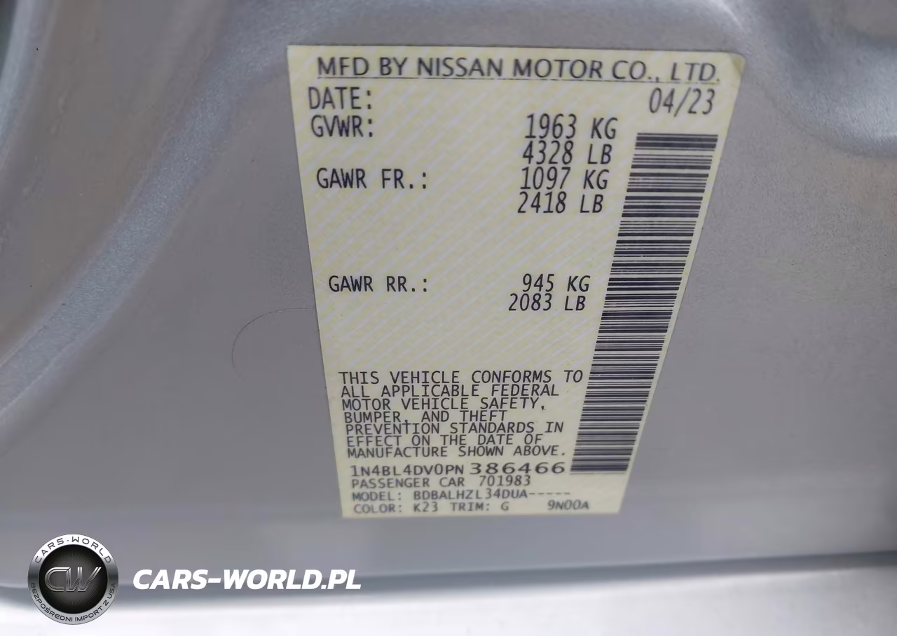 2023 Nissan Altima Sv Fwd VIN:1N4BL4DV0PN386466 - 9