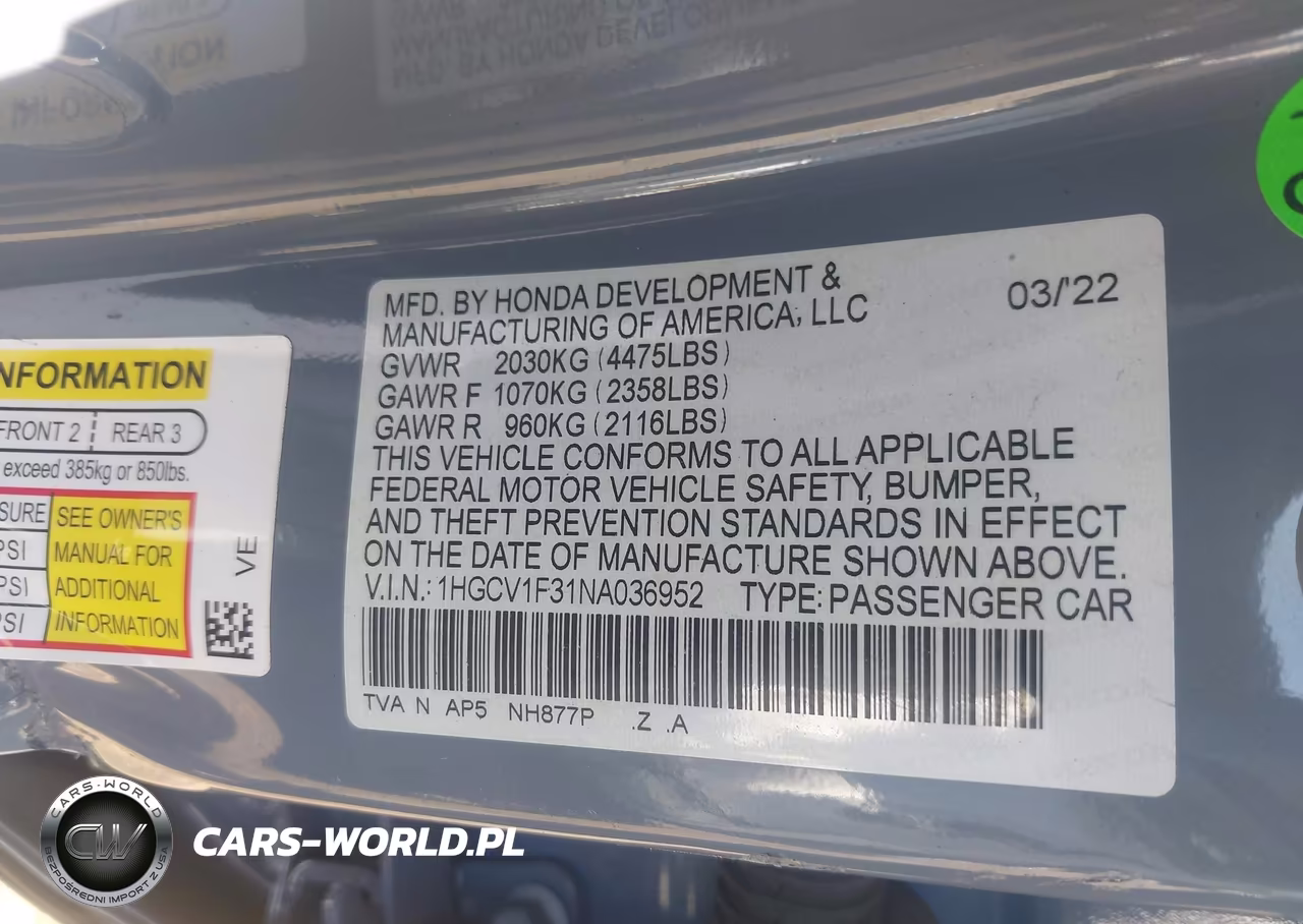 2022 Honda Accord Sport VIN:1HGCV1F31NA036952 - 9