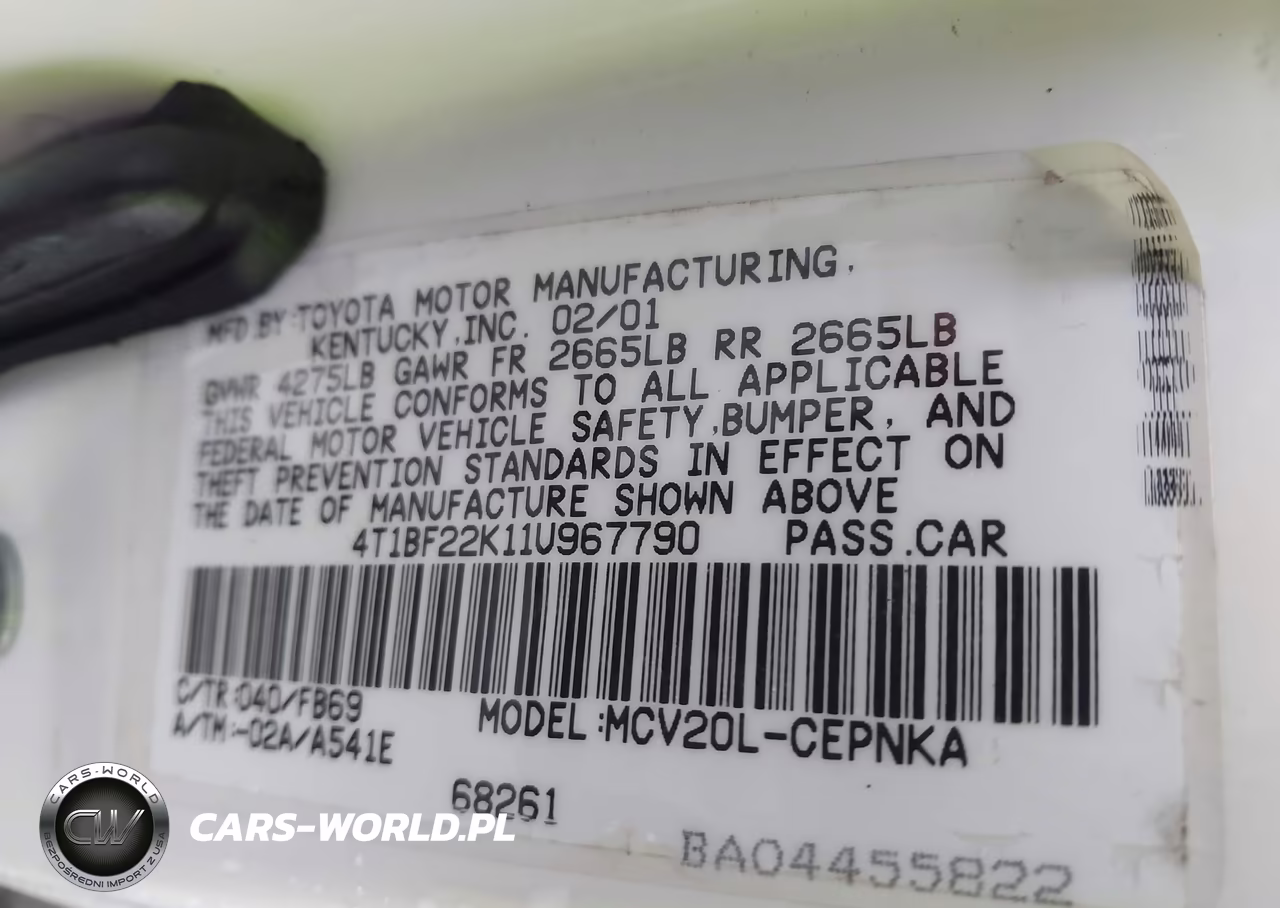2001 Toyota Camry Le V6 VIN:4T1BF22K11U967790 - 9