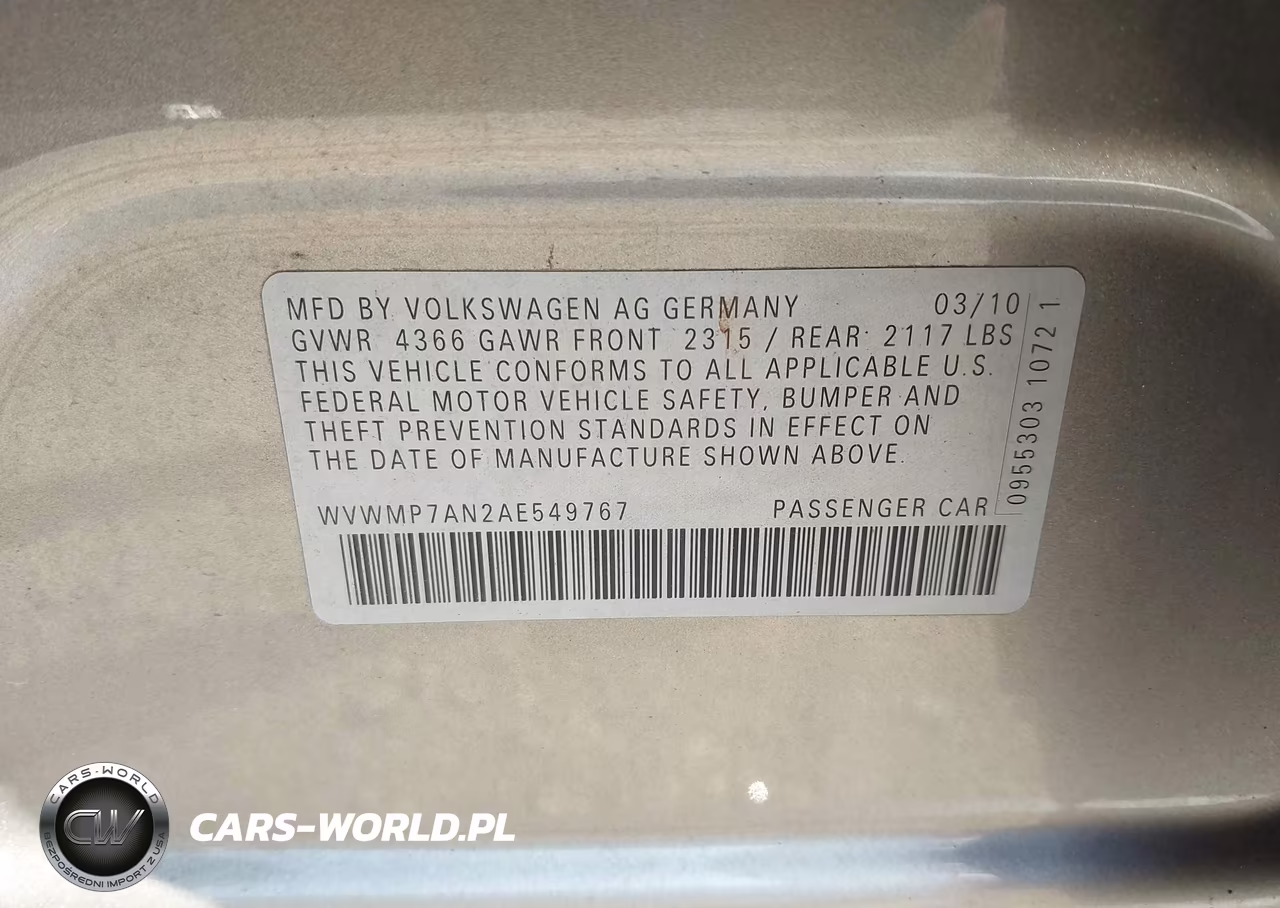 2010 Volkswagen Cc Sport VIN:WVWMP7AN2AE549767 - 9