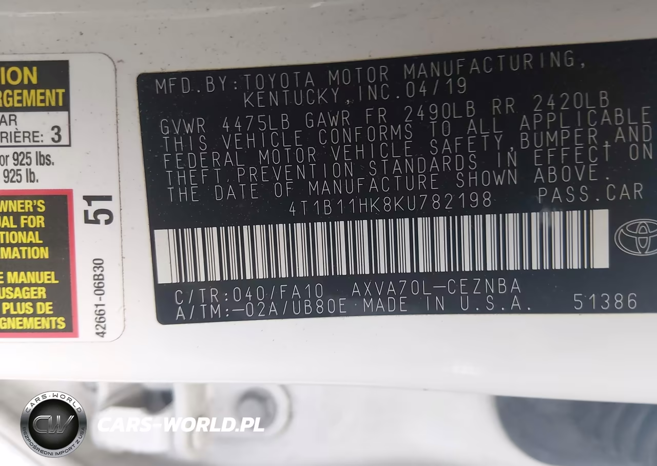 2019 Toyota Camry Le VIN:4T1B11HK8KU782198 - 9