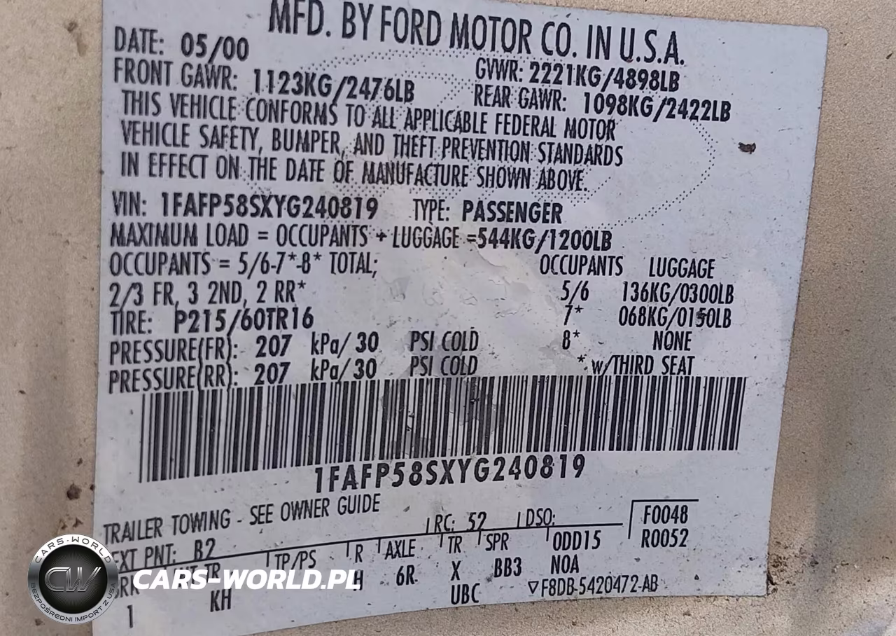 2000 Ford Taurus Se VIN:1FAFP58SXYG240819 - 9