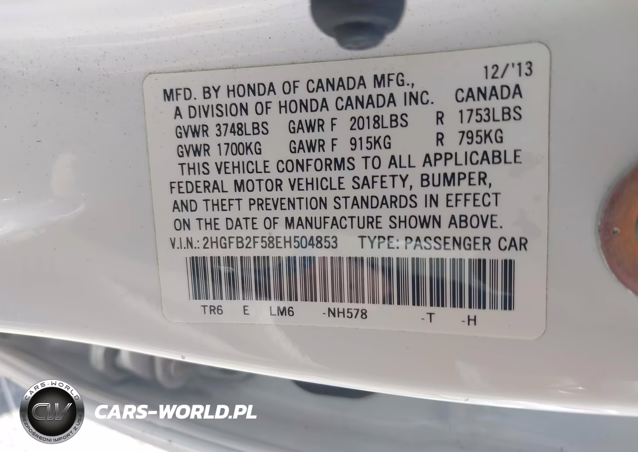 2014 Honda Civic Lx VIN:2HGFB2F58EH504853 - 9