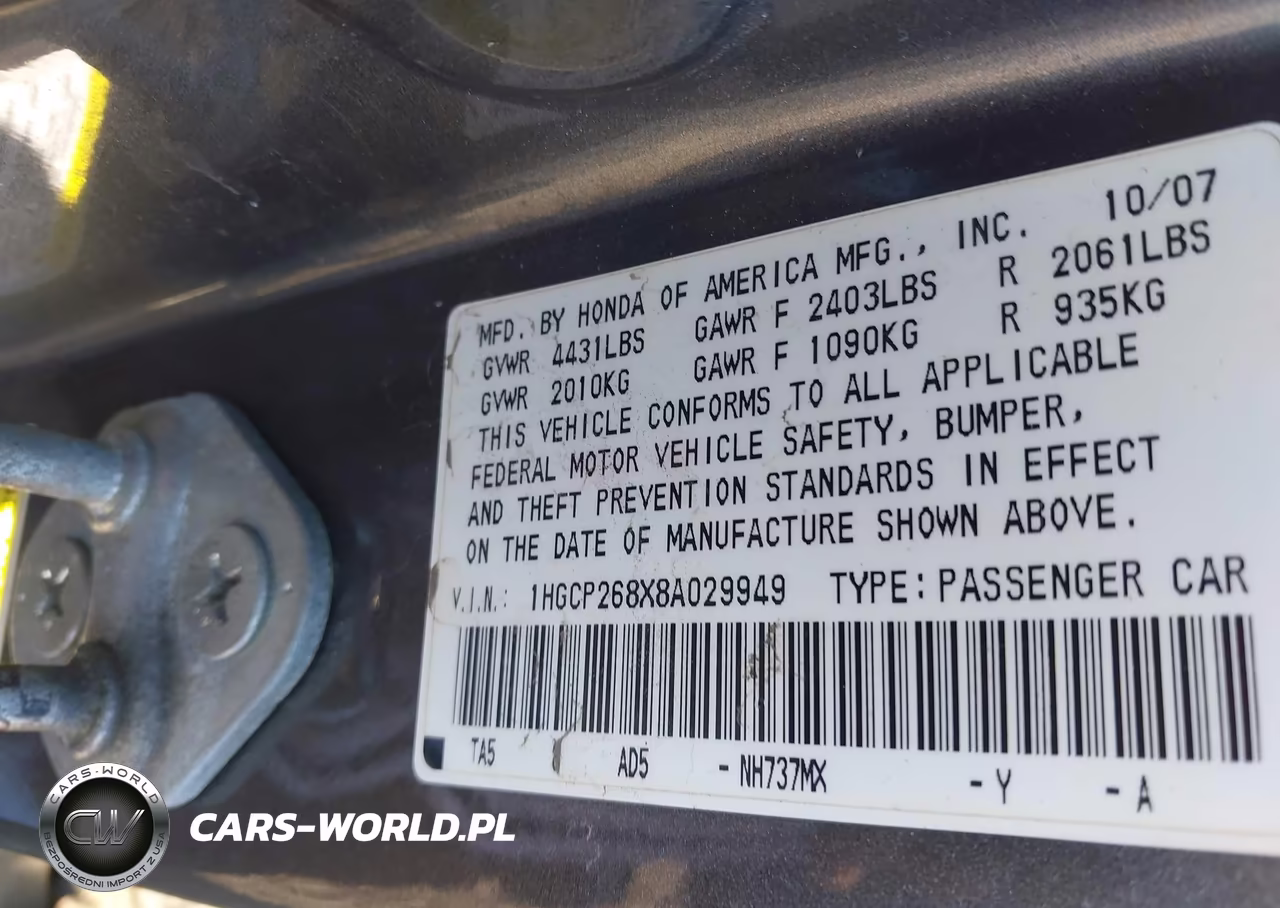 2008 Honda Accord 2.4 Ex-L VIN:1HGCP268X8A029949 - 9