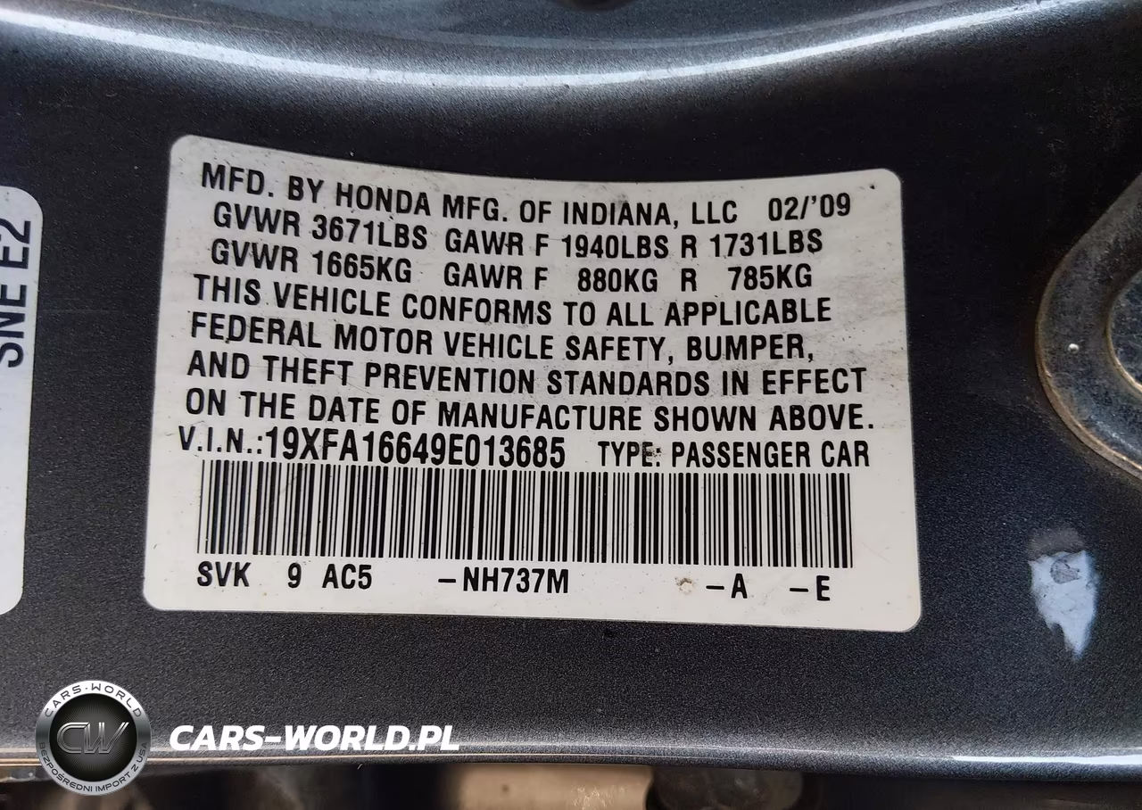 2009 Honda Civic Lx-S VIN:19XFA16649E013685 - 9