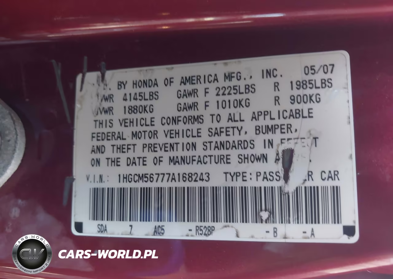 2007 Honda Accord 2.4 Ex VIN:1HGCM56777A168243 - 9