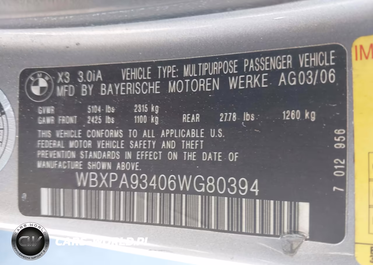 2006 BMW X3 3.0I VIN:WBXPA93406WG80394 - 9