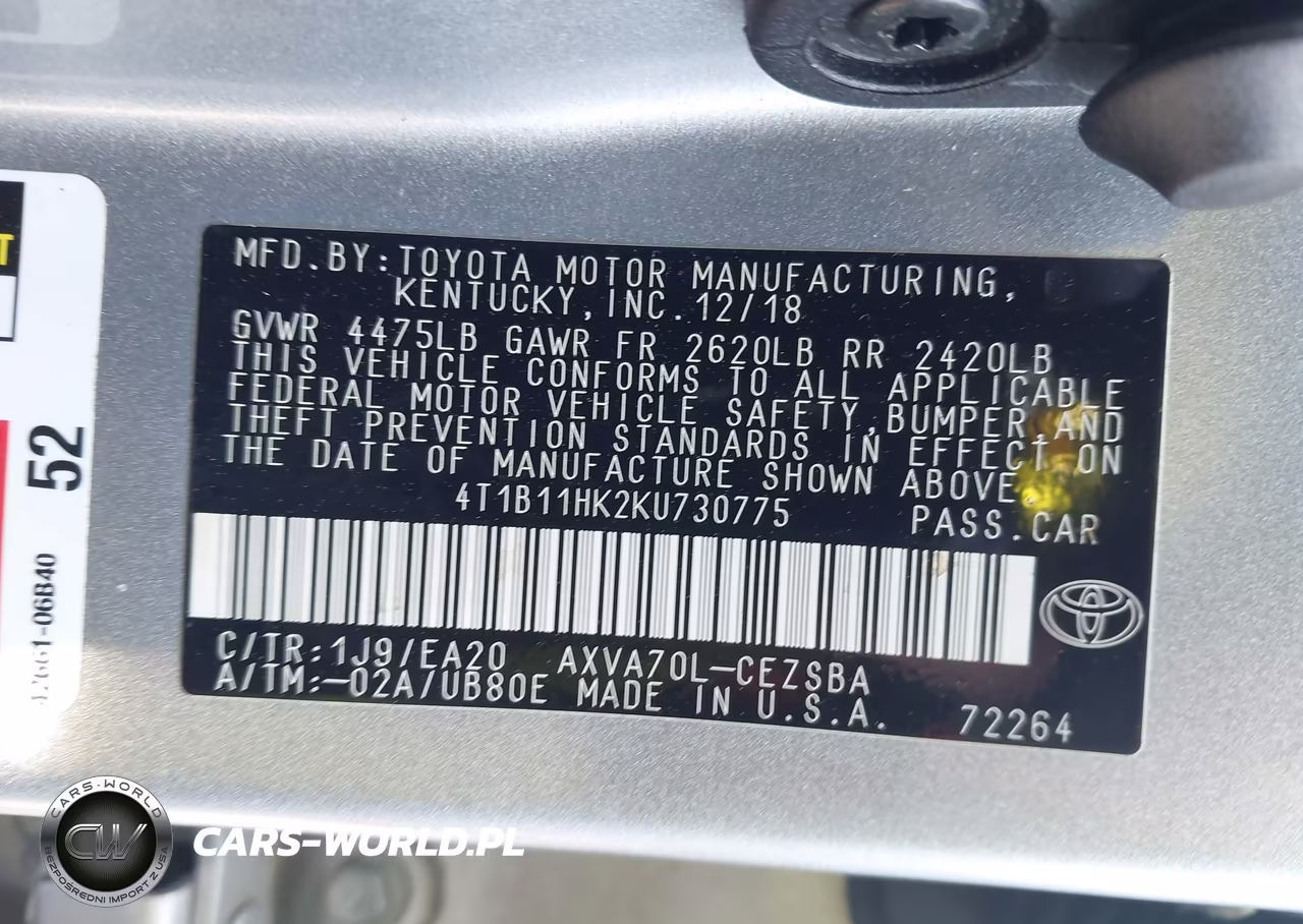 2019 Toyota Camry Se VIN:4T1B11HK2KU730775 - 9