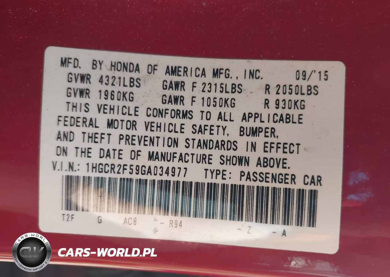 2016 Honda Accord Sport VIN:1HGCR2F59GA034977 - 9